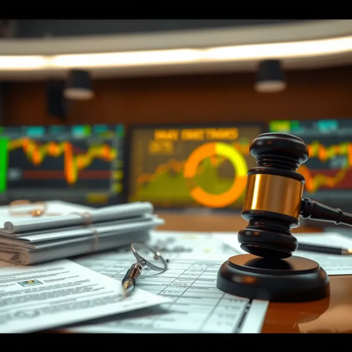 A conceptual graphic showing legal documents and financial regulations related to binary trading in Pakistan