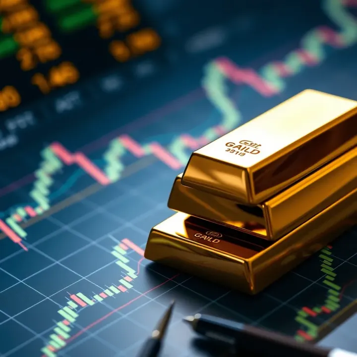 Close-up view of gold bars stacked neatly on a financial chart displaying market trends