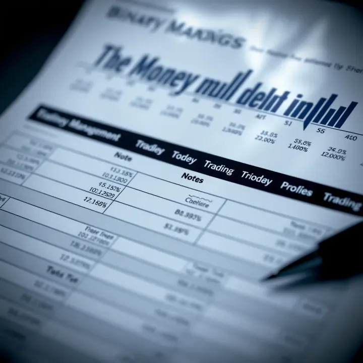 Detailed money management sheet layout showing columns for trade entry, trade size, risk percentage, profit and loss, and notes