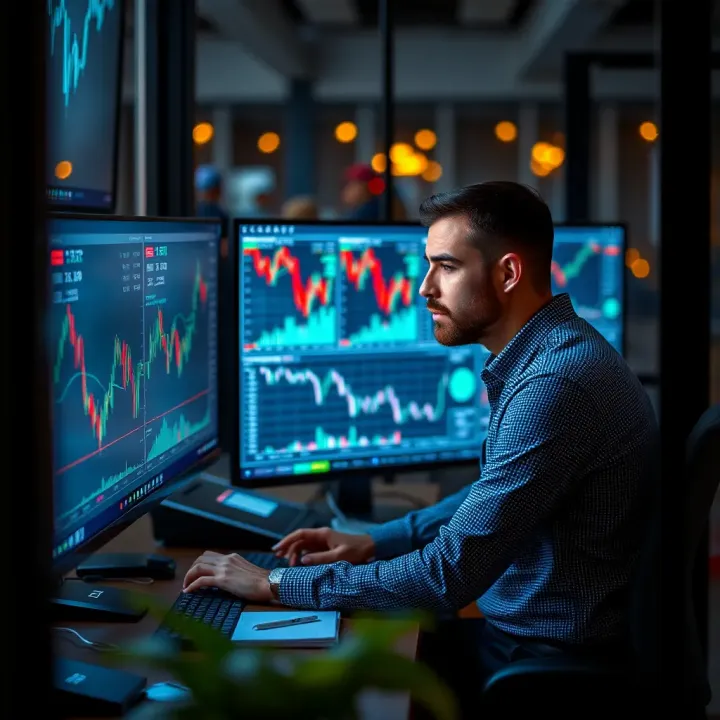 Financial advisor analyzing market trends on computer screens