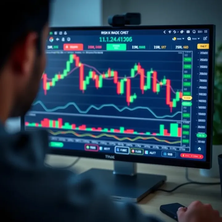 Forex trading chart with indicators and risk management tools on computer screen