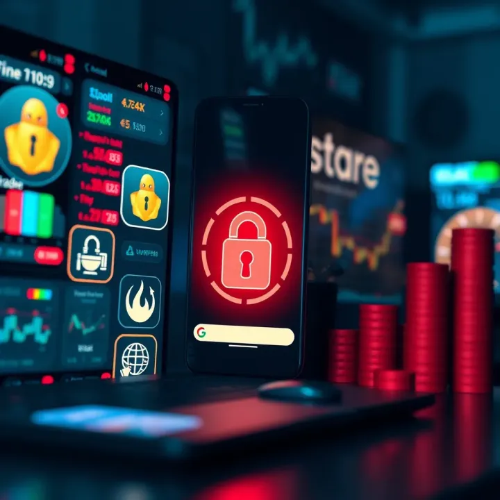Illustration of safe trading environment with secure icons, app notifications, and investment growth symbols