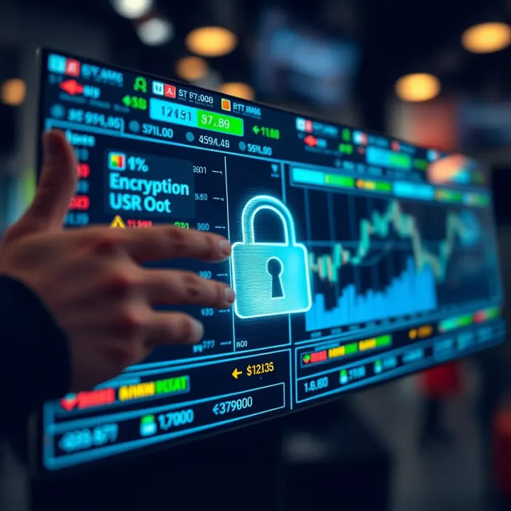 Secure digital interface highlighting encryption and low fees for online trading applications