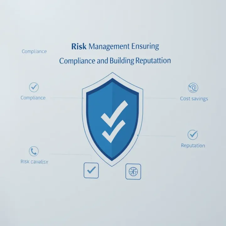 Graphic depicting shield and checklist icons representing compliance, cost savings, and reputation benefits