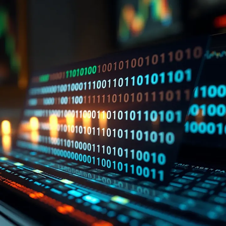 Illustration of a digital device with binary code overlay representing data processing