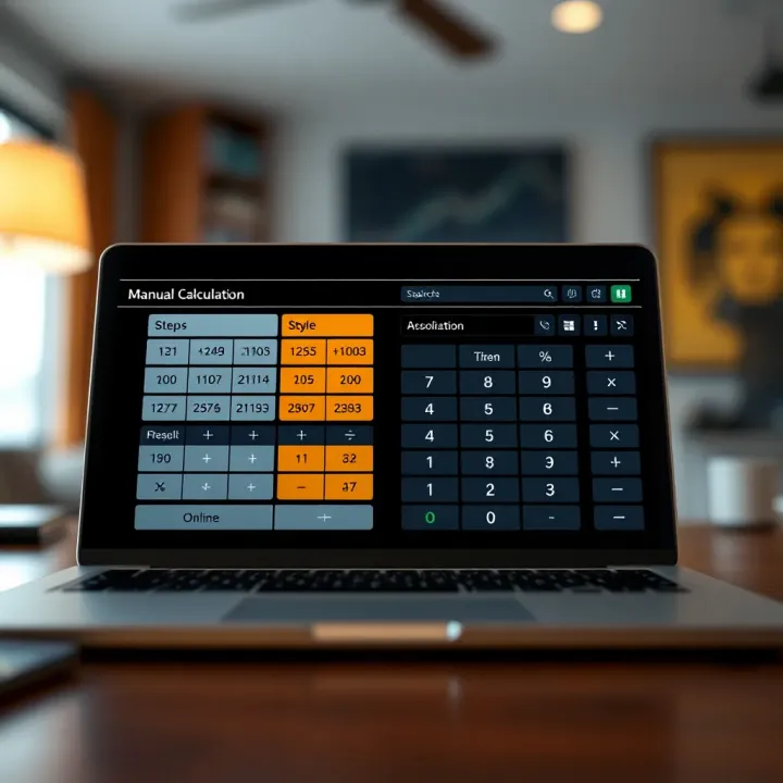 Comparison chart displaying manual binary calculation steps alongside an online calculator interface