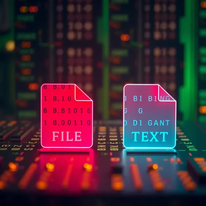 Visual representation of the differences between binary files and text files on computer systems