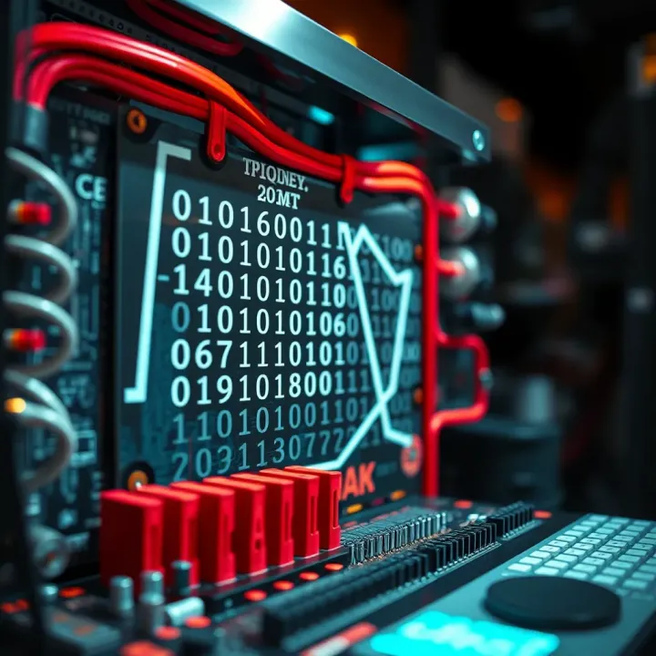 Graphic illustrating binary code integrated in hardware and software components