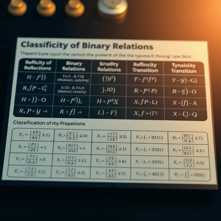 Chart showing types of binary relations categorized by properties like reflexivity, symmetry, and transitivity