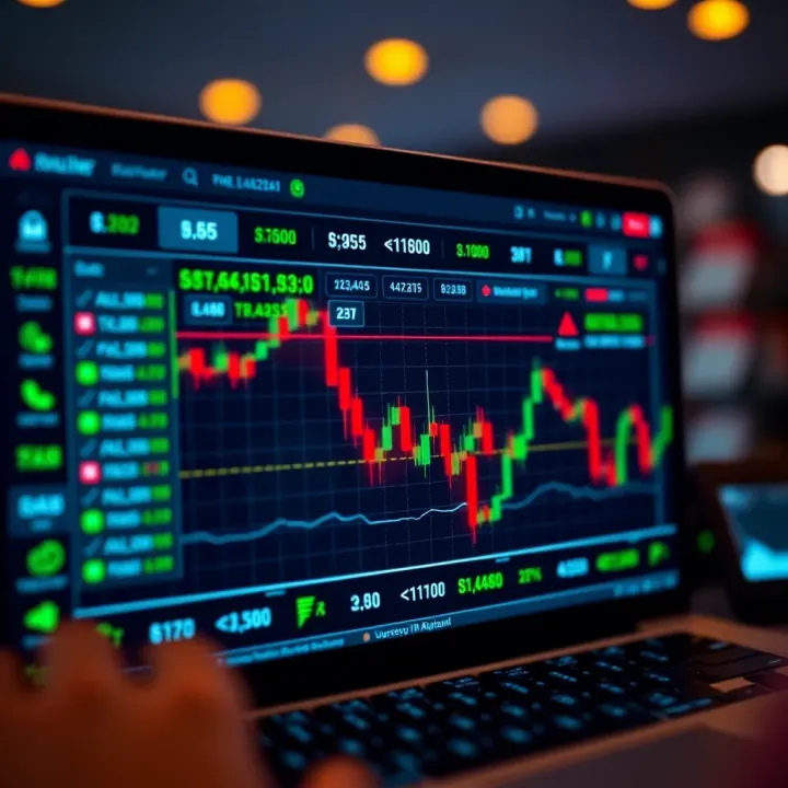 Illustration of digital platform interface showing binary trade choices and currency conversion to Pakistani rupees