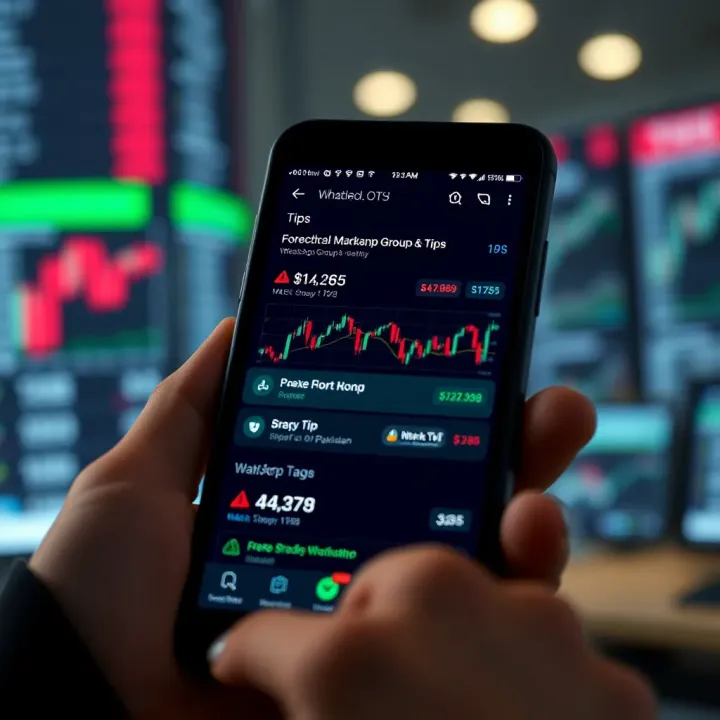 Smartphone screen showing active Forex trading WhatsApp group chat with market charts and tips
