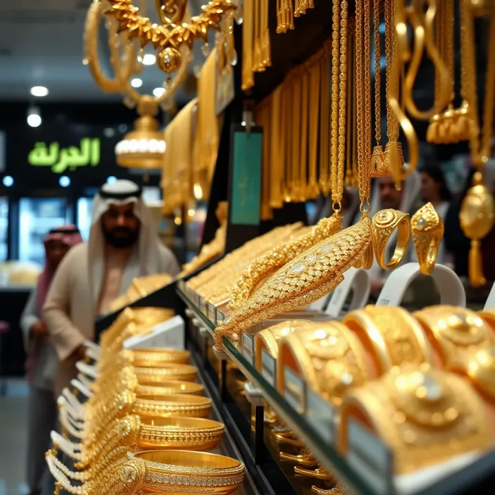Close-up of various gold jewelry pieces displayed in a Saudi Arabian market setting
