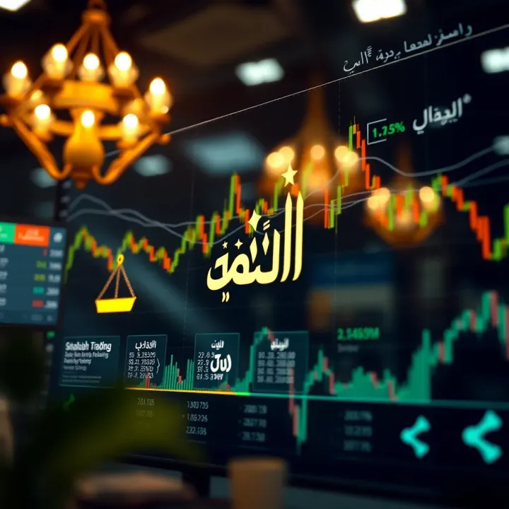 Conceptual representation of Islamic forex trading principles with Shariah law symbols and financial charts