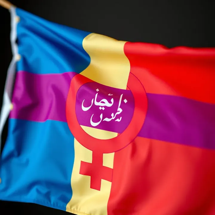 Colorful flag representing non-binary identity with Urdu text overlay
