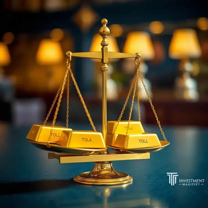 Close-up of gold bars with a traditional balance scale symbolizing gold measurement units in Pakistan